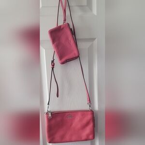 Coach Pink Leather Crossbody Purse With Matching Wristlet